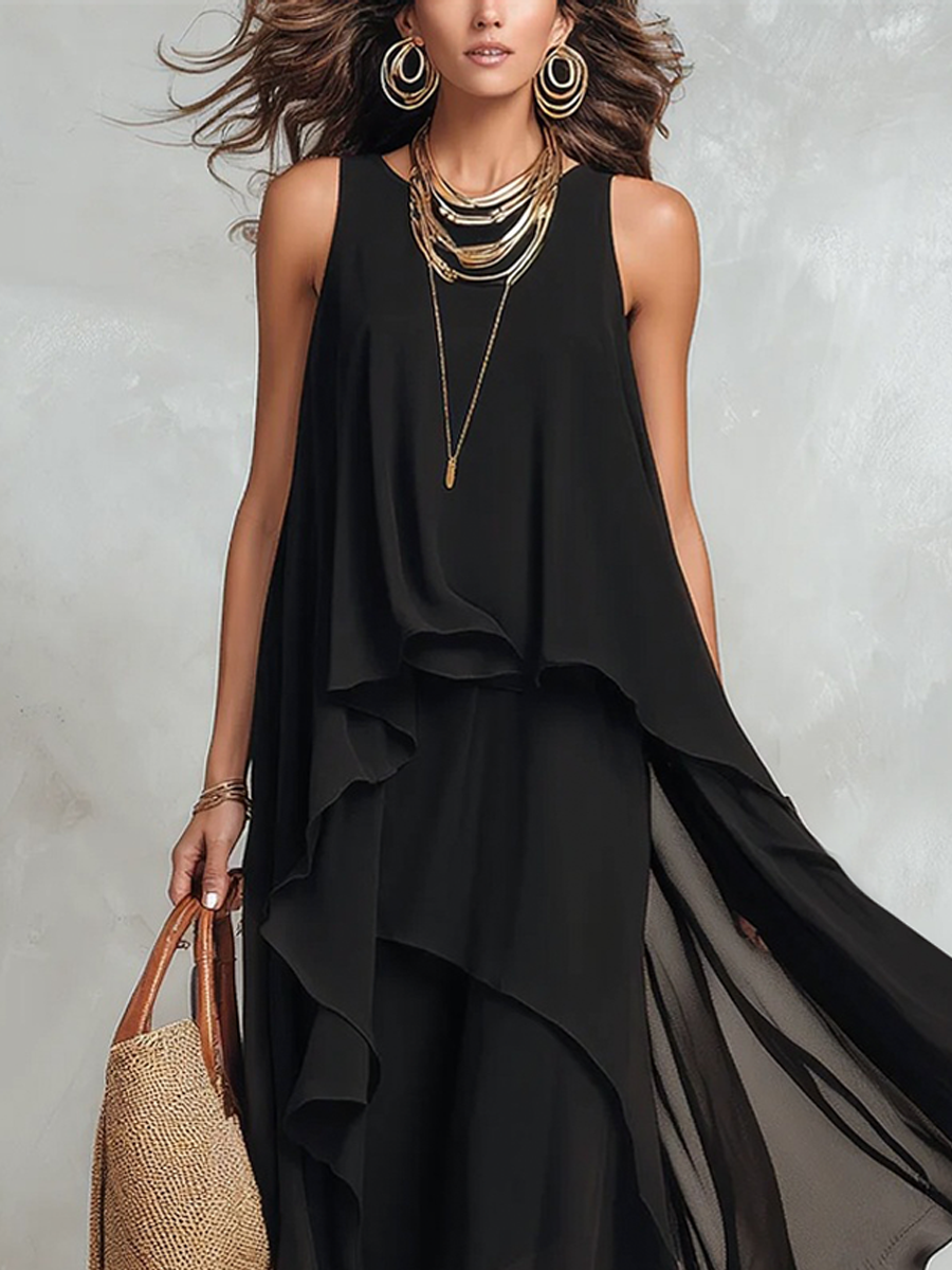 Bohemian Black Layered Chiffon Maxi Dress