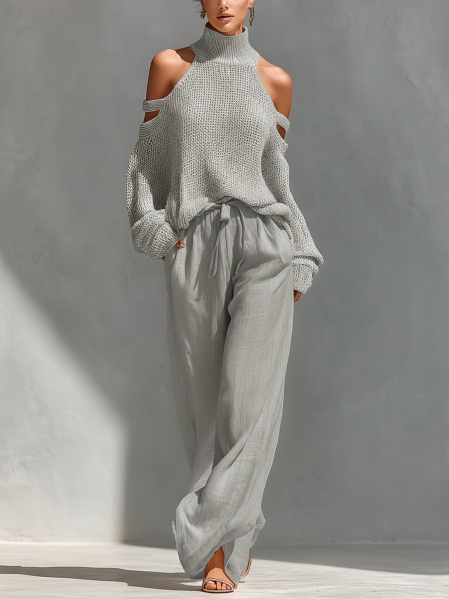 MARIA |  Knit Fabric Cold-Shoulder Turtleneck Top & Wide-Leg Pants Set