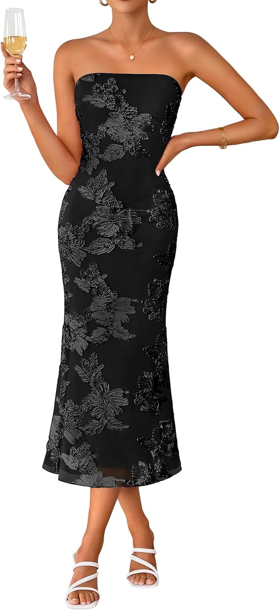 Floral strapless bodycon midi