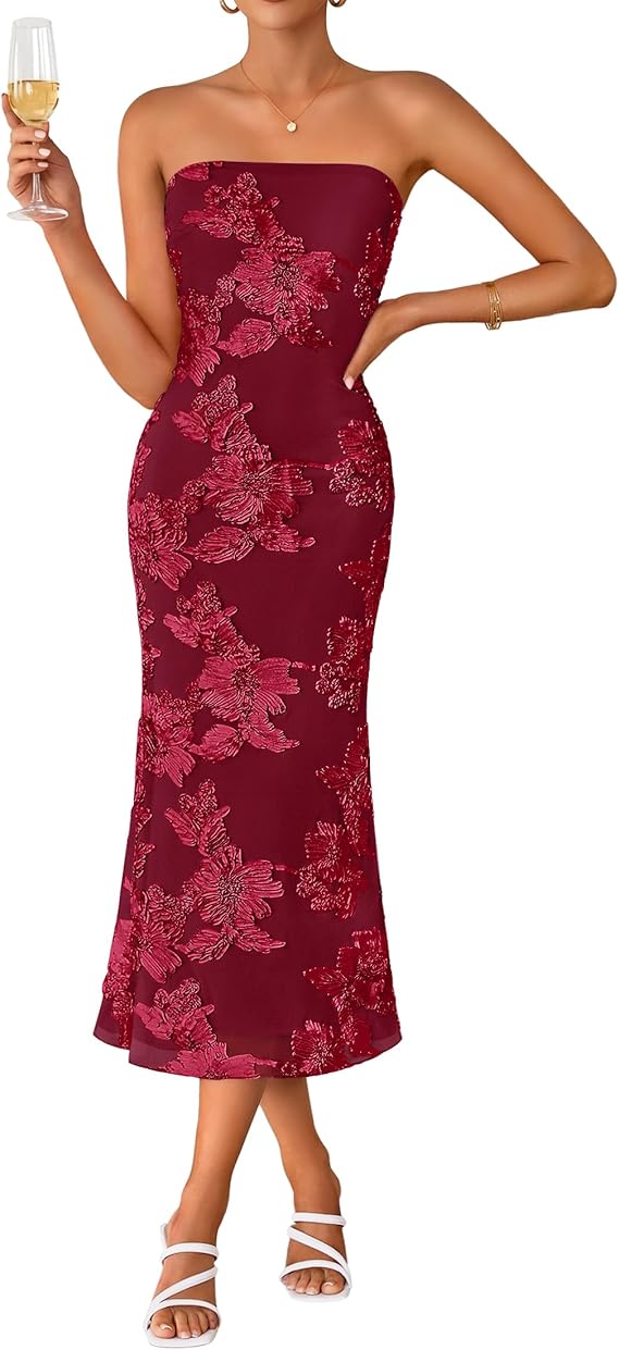 Floral strapless bodycon midi