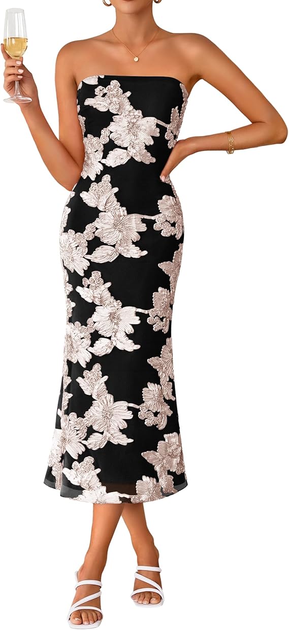 Floral strapless bodycon midi