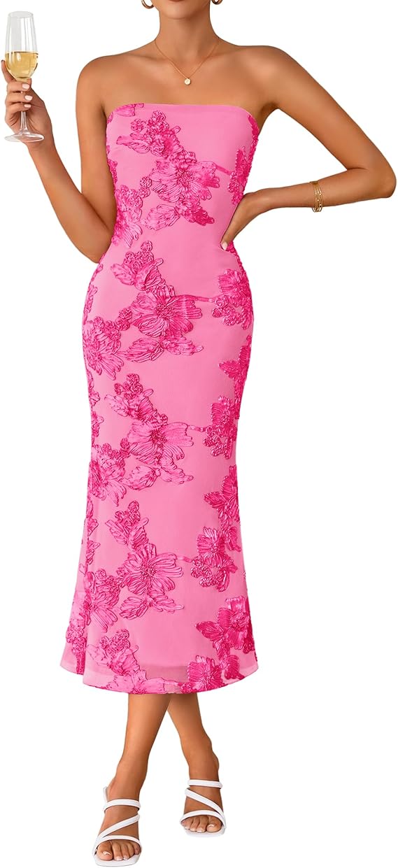 Floral strapless bodycon midi