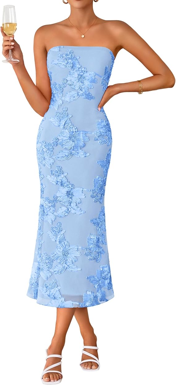 Floral strapless bodycon midi