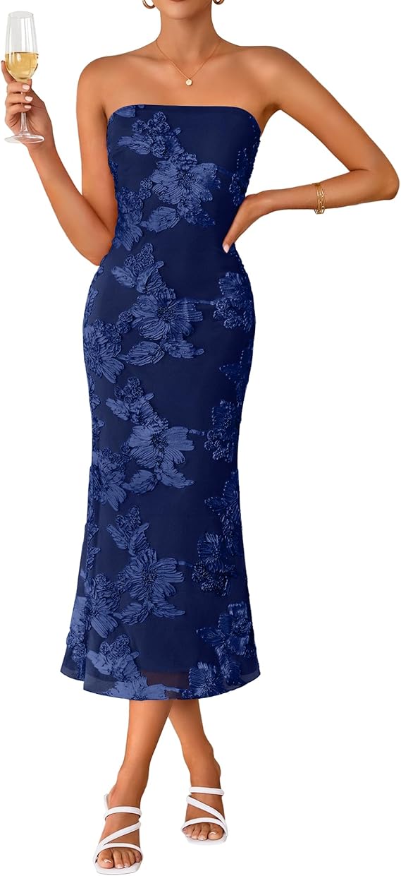 Floral strapless bodycon midi