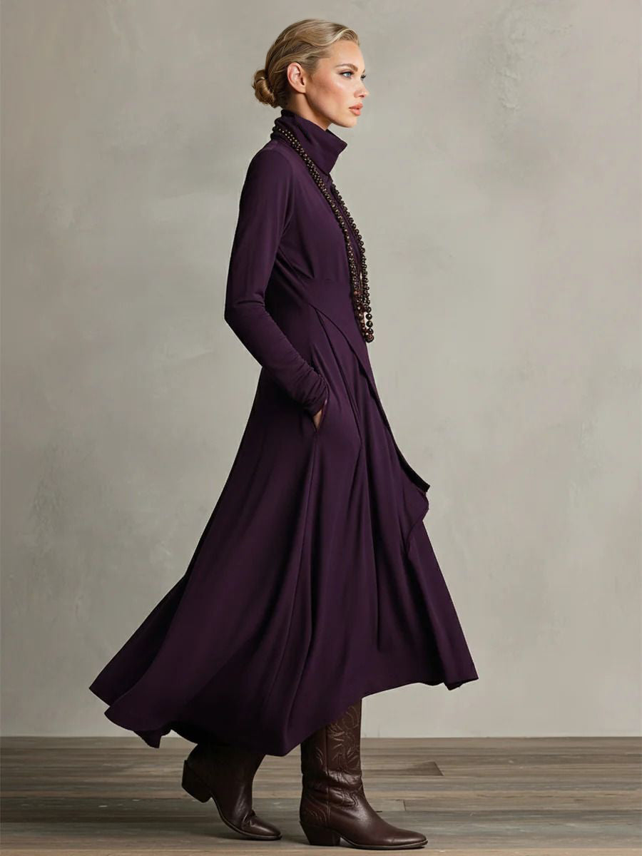 Purple High-Neck Draped Asymmetrical Maxi Dress
