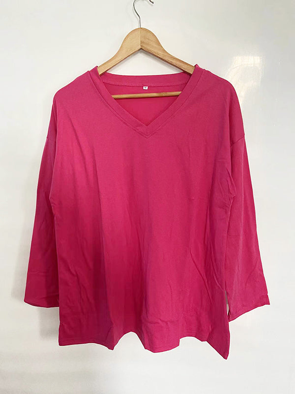 Long Sleeve Loose See-Through Solid Color Split-Joint V-Neck T-Shirts