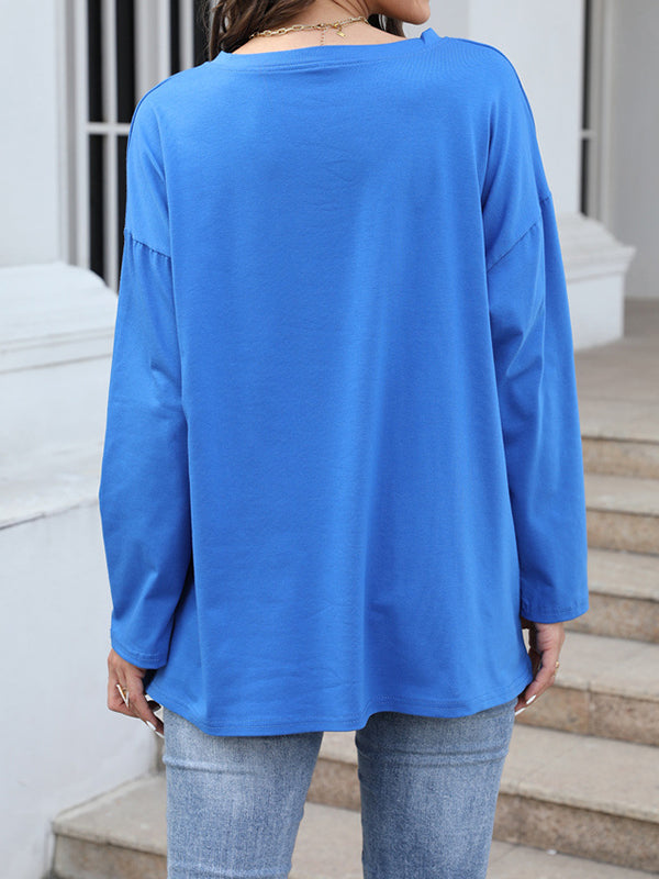 Long Sleeve Loose See-Through Solid Color Split-Joint V-Neck T-Shirts