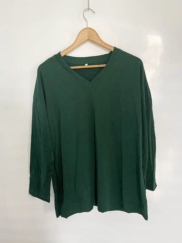Long Sleeve Loose See-Through Solid Color Split-Joint V-Neck T-Shirts