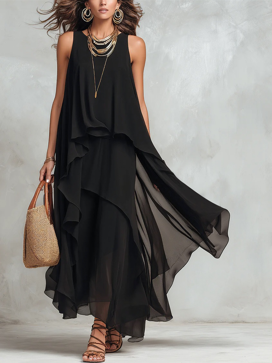 Bohemian Black Layered Chiffon Maxi Dress