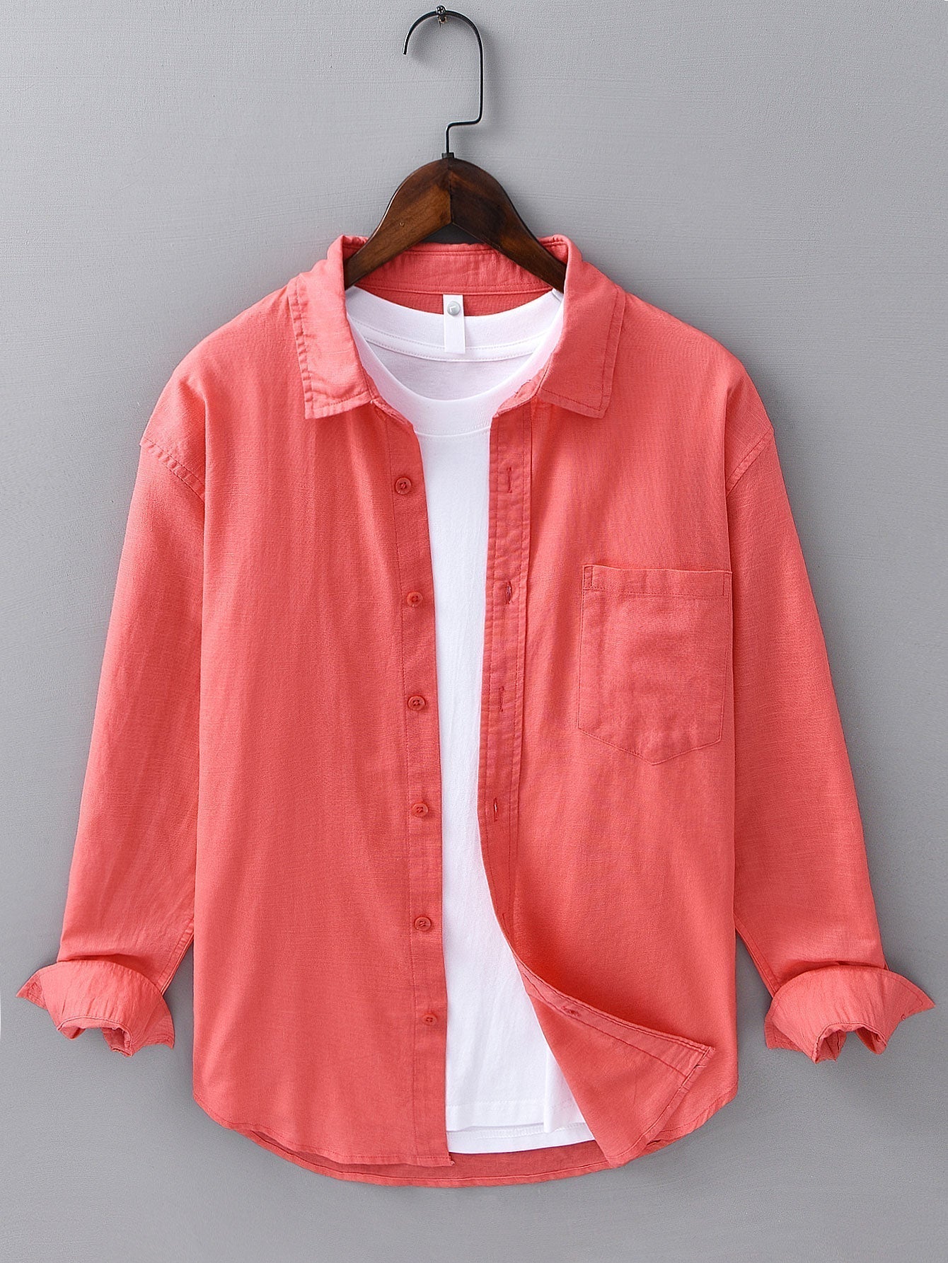 Long Sleeve Linen and Cotton Shirt with Pocket