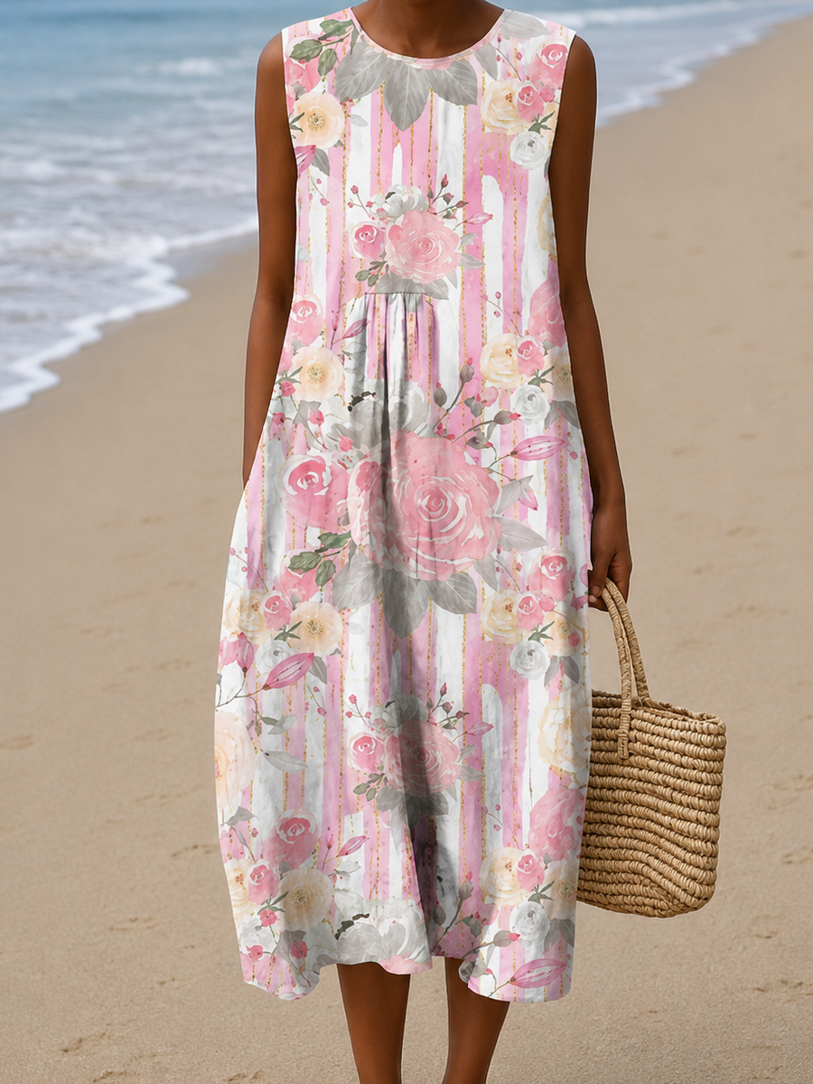 Aria - Women's Sleeveless Printed Beach Midi Dress Loose