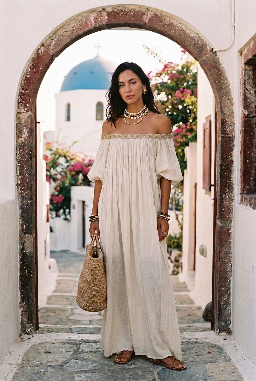 Bohemian Style Off-the-shoulder Pleated Ivory Long Dress