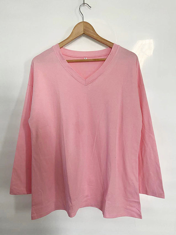 Long Sleeve Loose See-Through Solid Color Split-Joint V-Neck T-Shirts