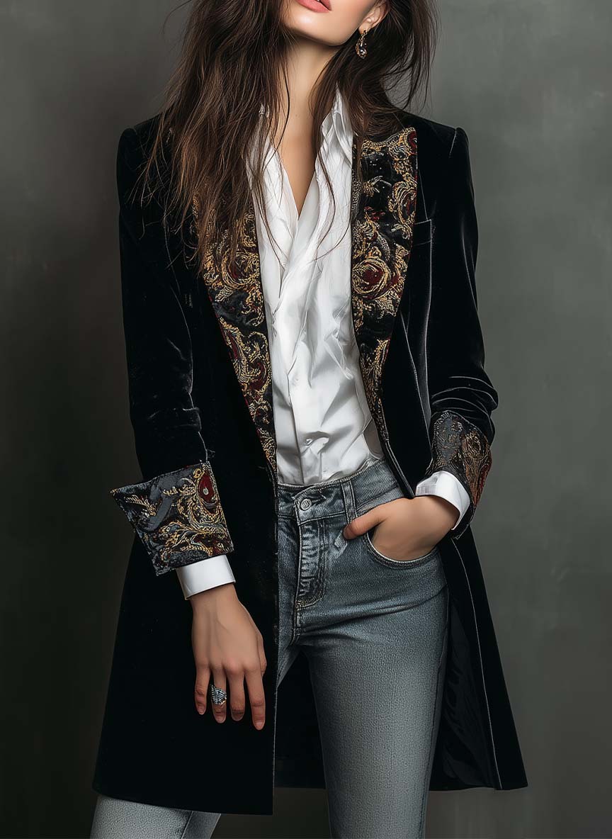 Timeless Vintage Luxury Black Velvet Blazer With Baroque Printed Lapel