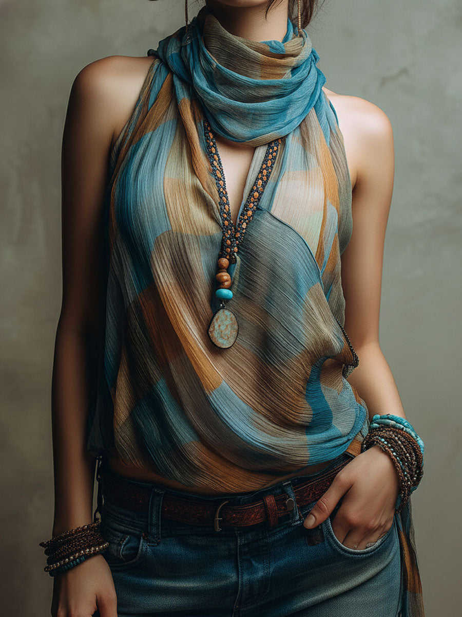 Boho Blue And Amber Chiffon Halter Blouse With Scarf Neck