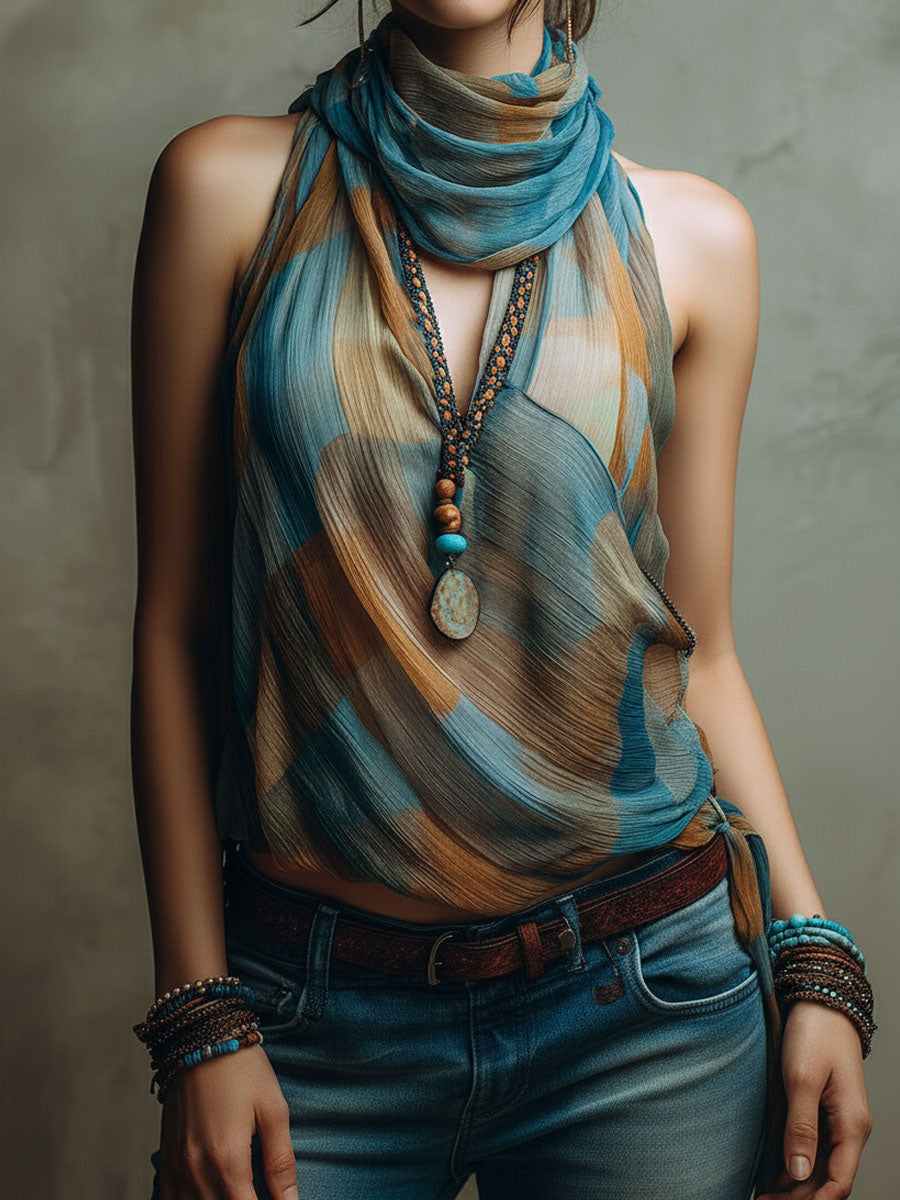 Boho Blue And Amber Chiffon Halter Blouse With Scarf Neck
