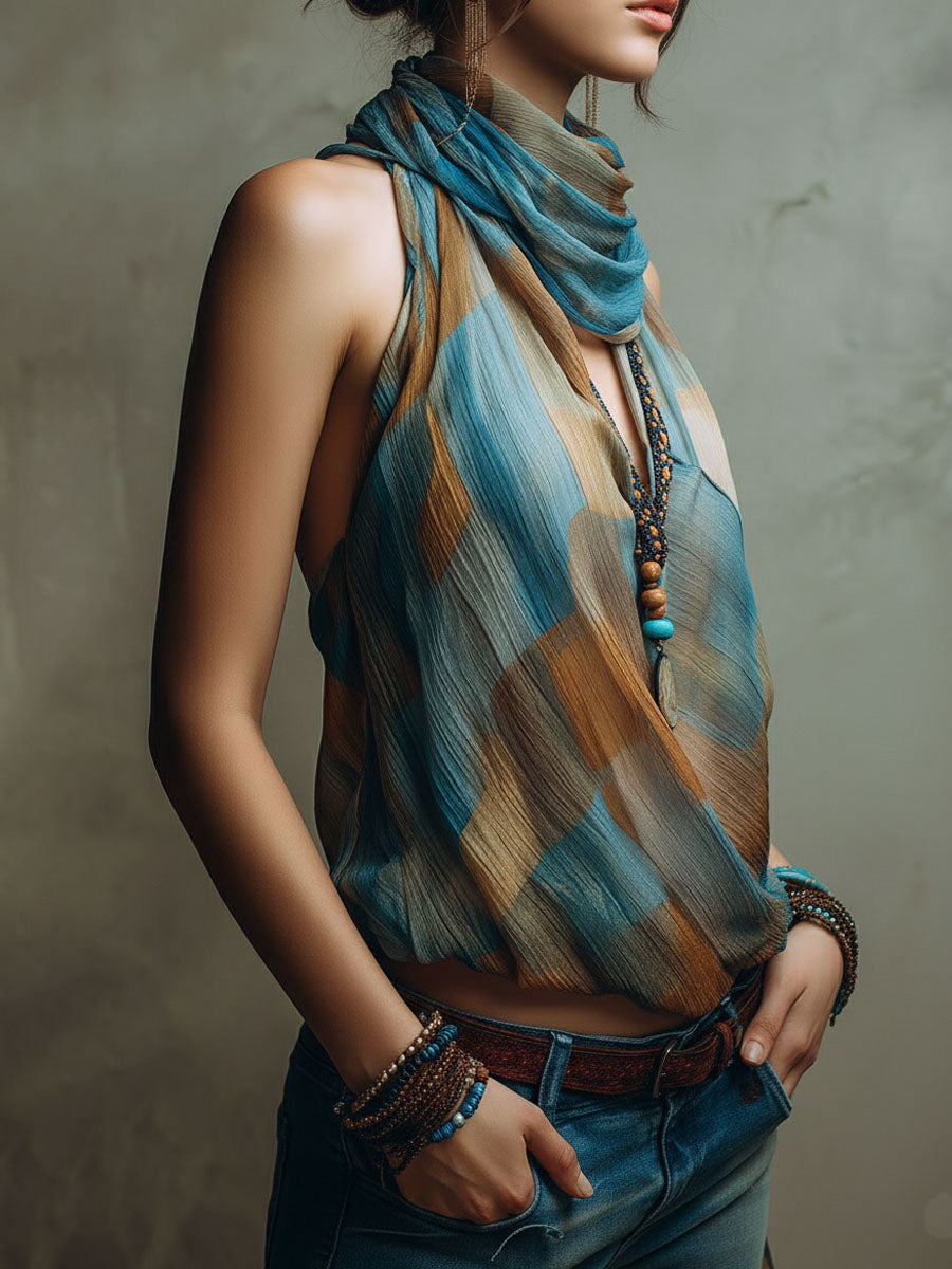Boho Blue And Amber Chiffon Halter Blouse With Scarf Neck