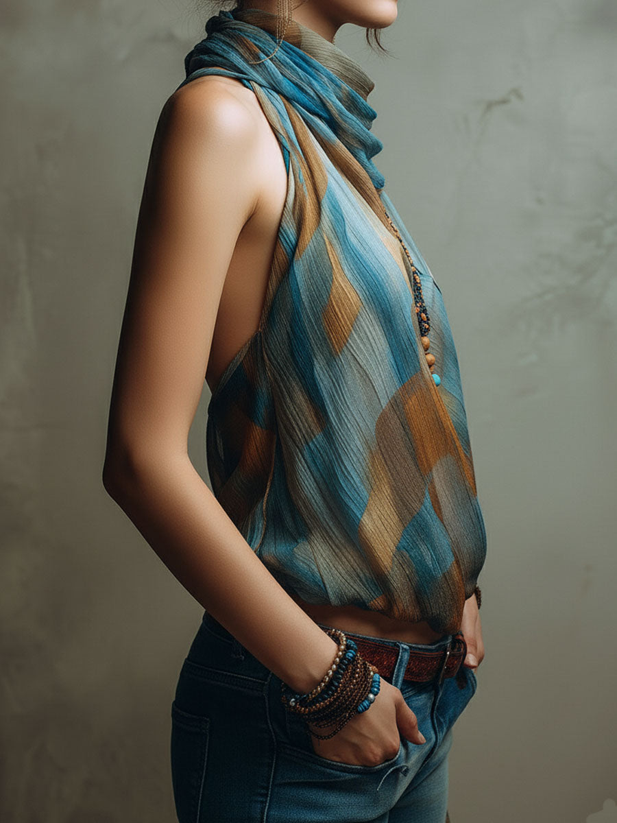Boho Blue And Amber Chiffon Halter Blouse With Scarf Neck