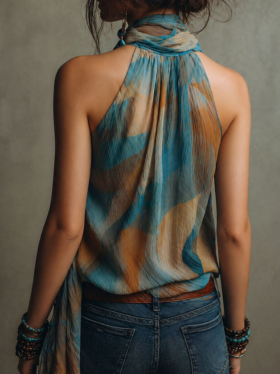 Boho Blue And Amber Chiffon Halter Blouse With Scarf Neck