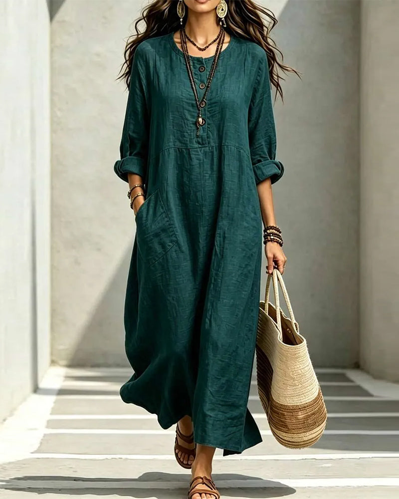 Round Neck Button Pocket Dress