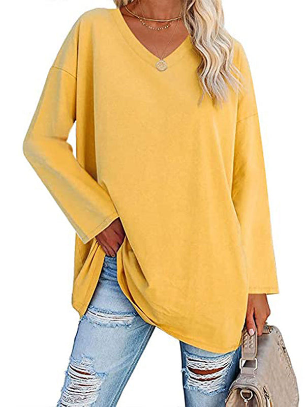 Long Sleeve Loose See-Through Solid Color Split-Joint V-Neck T-Shirts