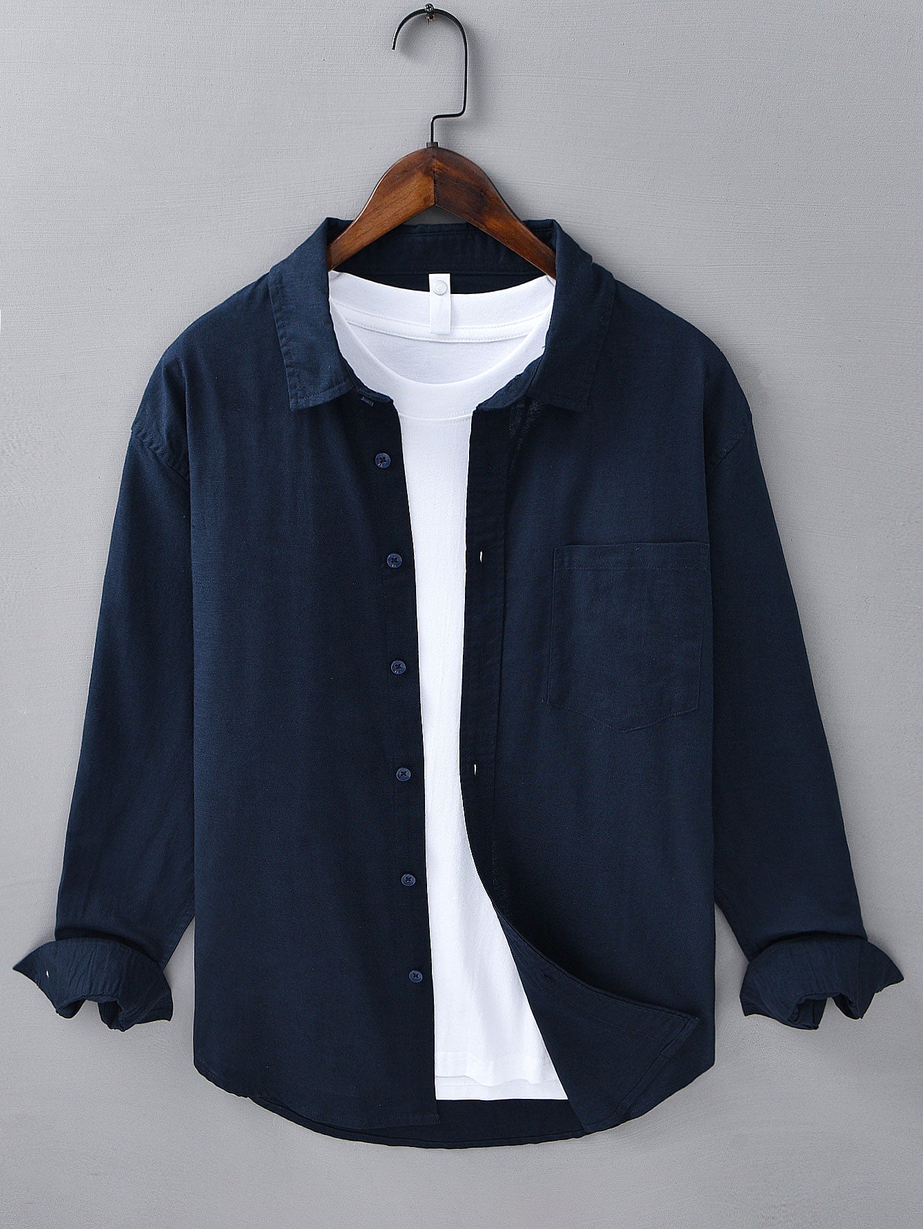 Long Sleeve Linen and Cotton Shirt with Pocket