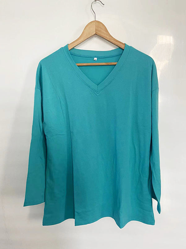 Long Sleeve Loose See-Through Solid Color Split-Joint V-Neck T-Shirts