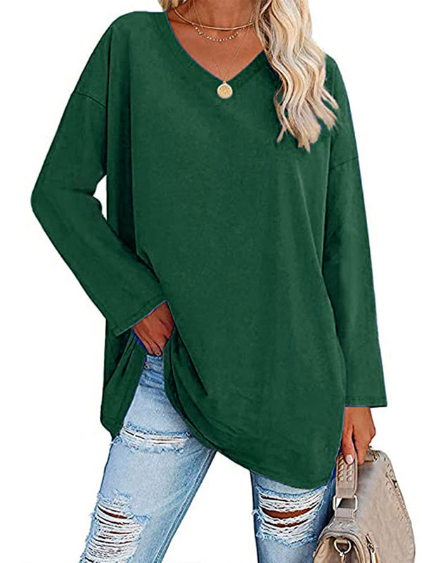 Long Sleeve Loose See-Through Solid Color Split-Joint V-Neck T-Shirts