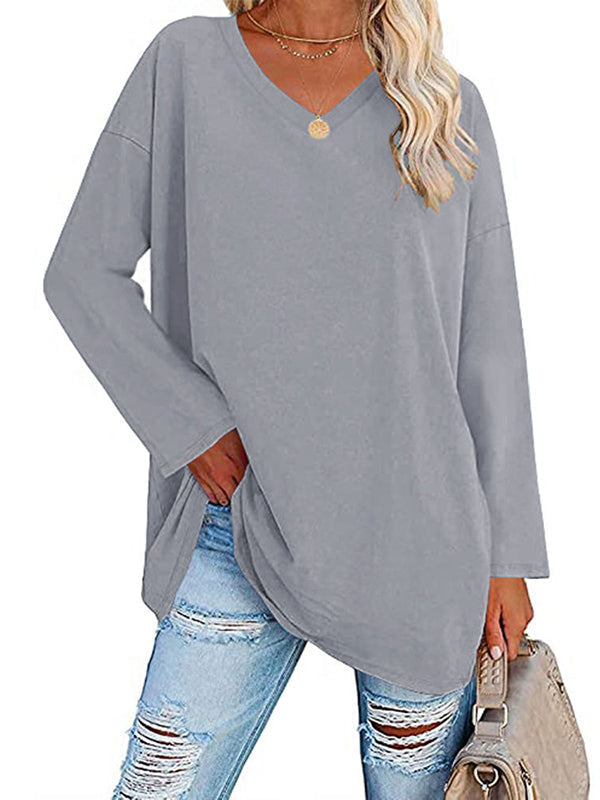 Long Sleeve Loose See-Through Solid Color Split-Joint V-Neck T-Shirts