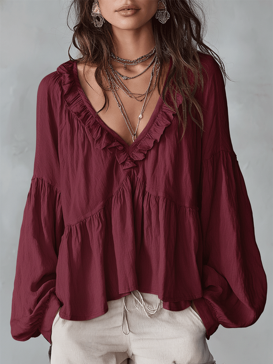 Airy Vintage-Inspired Ruffle Soft Ruffle Bohemian Blouse