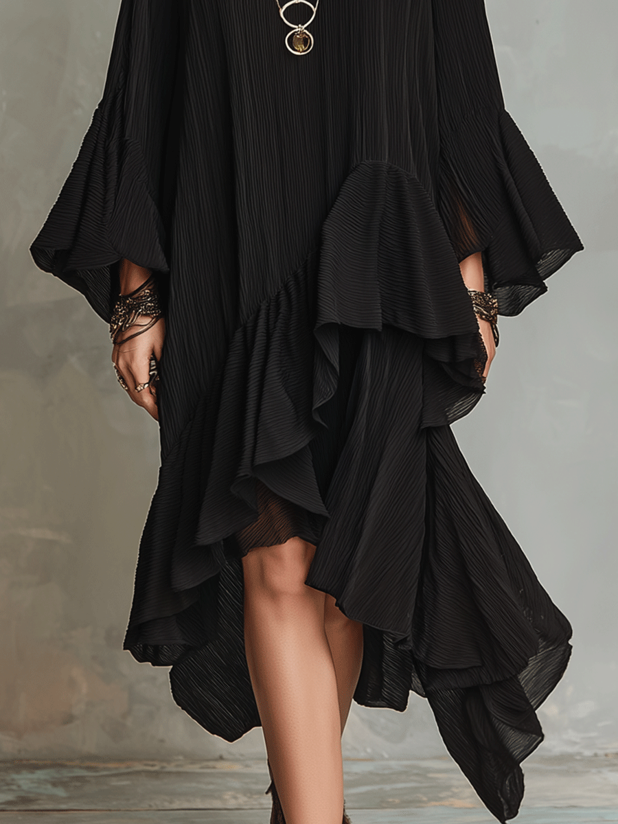 Elegant Asymmetric Ruffle Black Boho Midi Dress