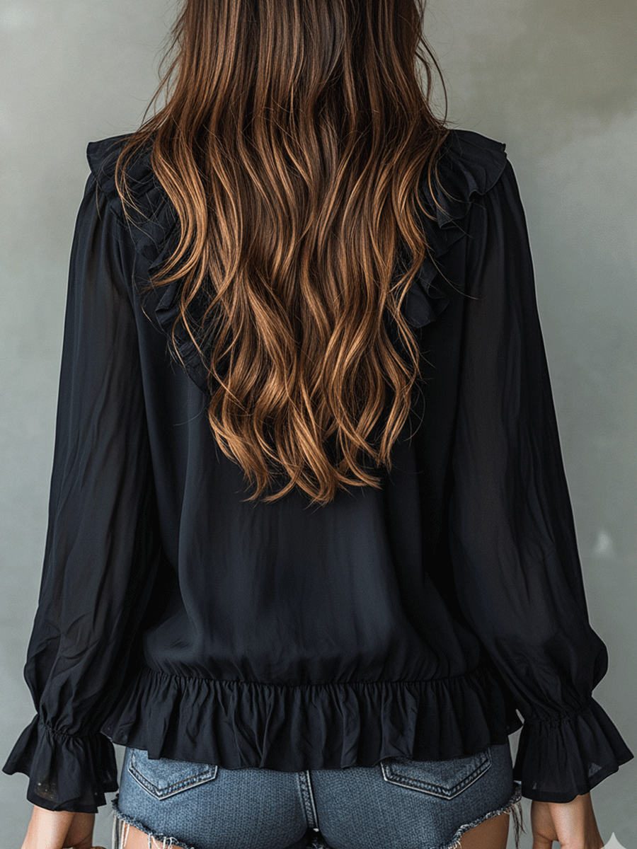Romantic Bohemian Ruffle Trim V-Neck Lightweight Black Blouse