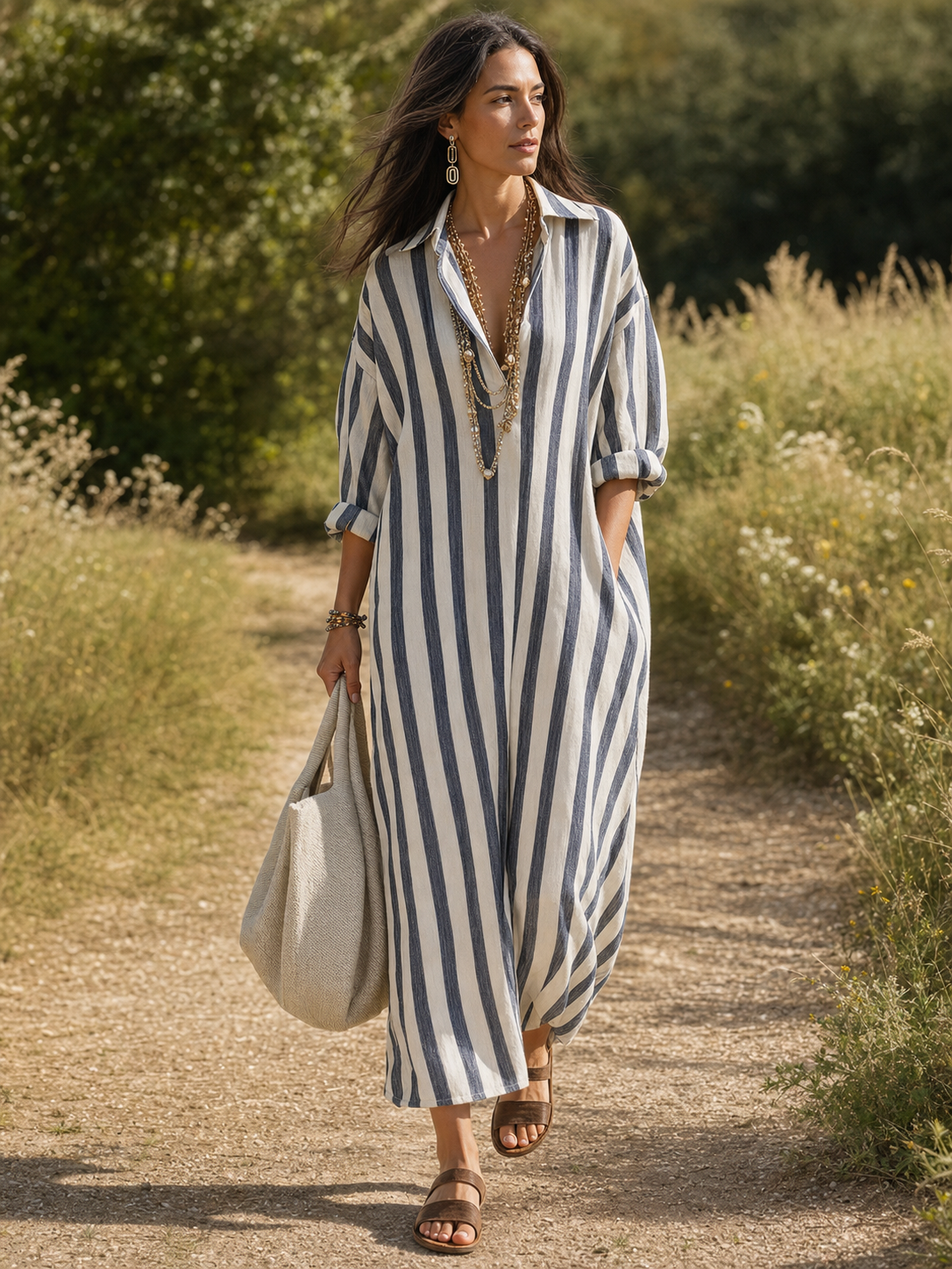 Casual Striped Shirt Bohemian Style Maxi Dress