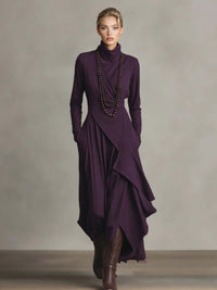 Purple High-Neck Draped Asymmetrical Maxi Dress