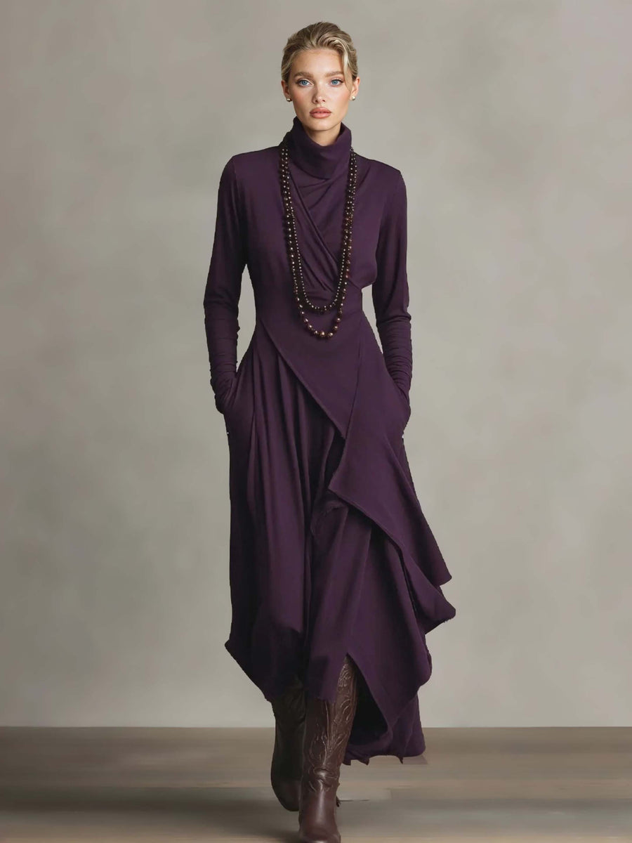 Purple High-Neck Draped Asymmetrical Maxi Dress