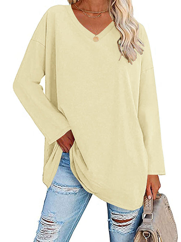 Long Sleeve Loose See-Through Solid Color Split-Joint V-Neck T-Shirts