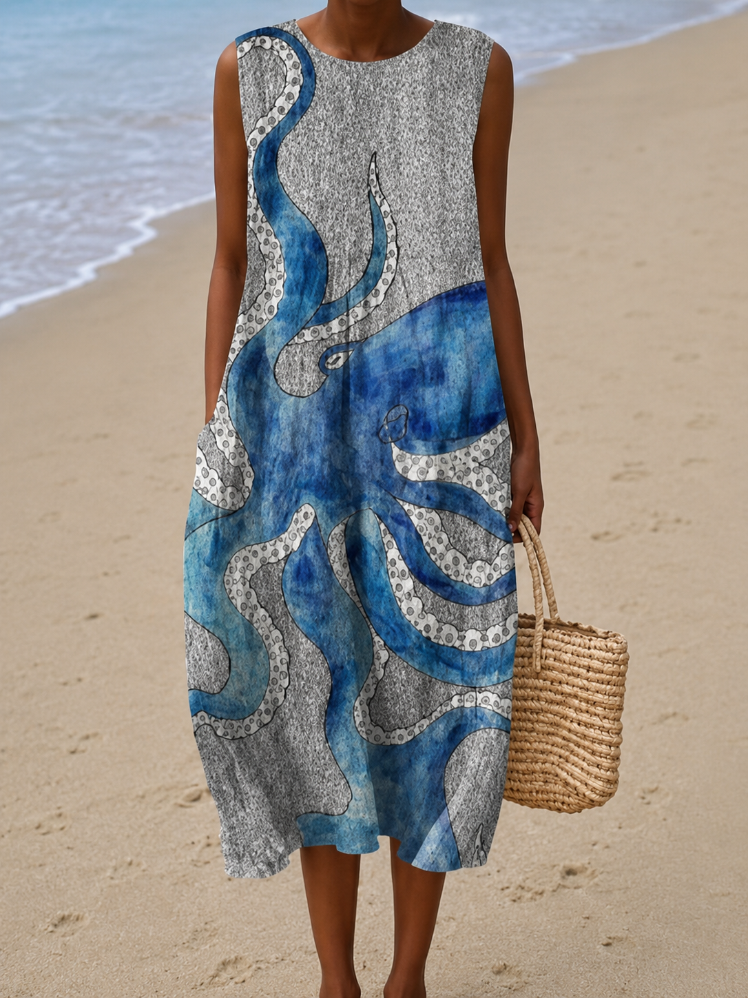 Caroline - Women's Sleeveless Printed Beach Midi Dress Loose