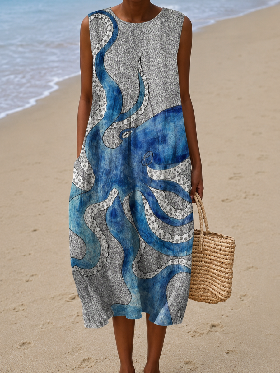 Caroline - Women's Sleeveless Printed Beach Midi Dress Loose
