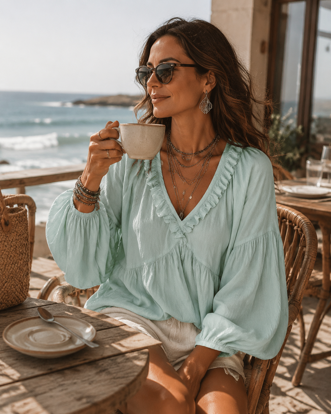 Soft Boho Ruffled V-Neck Relaxed Blouse