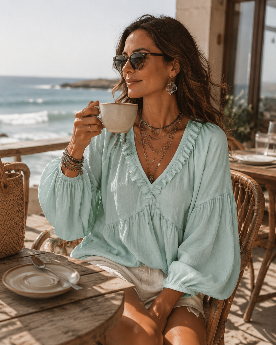 Soft Boho Ruffled V-Neck Relaxed Blouse