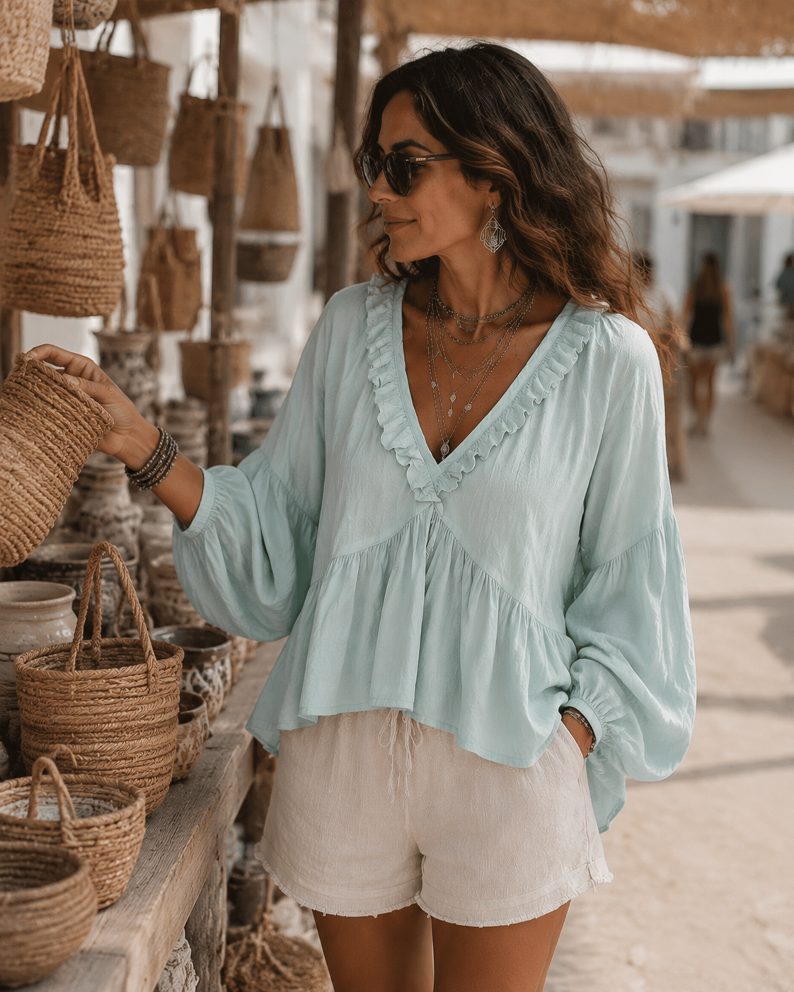 Soft Boho Ruffled V-Neck Relaxed Blouse