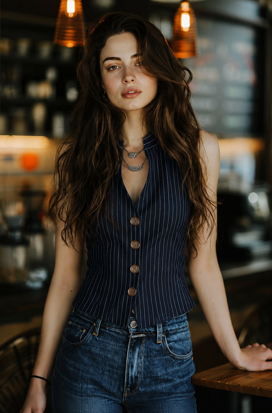 Vintage Henley Neck Sleeveless Striped Tank Top