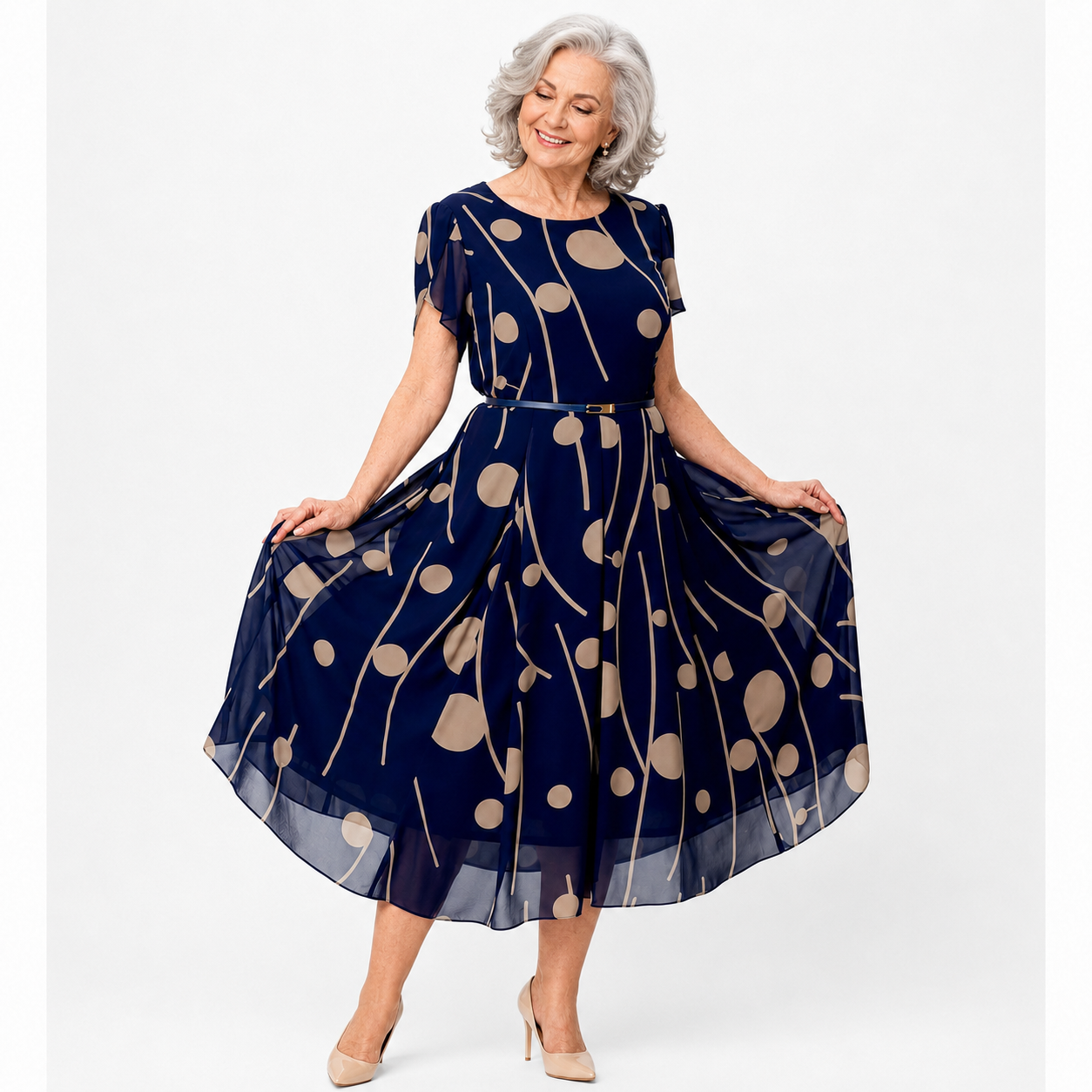 IVY | NAVY POLKA DOT PRINT CHIFFON MIDI DRESS
