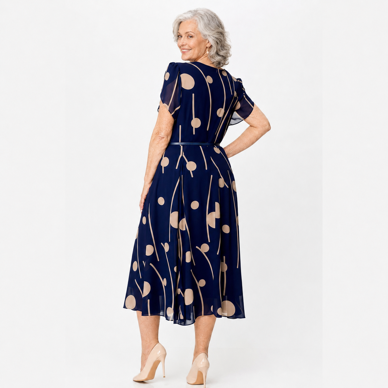 IVY | NAVY POLKA DOT PRINT CHIFFON MIDI DRESS