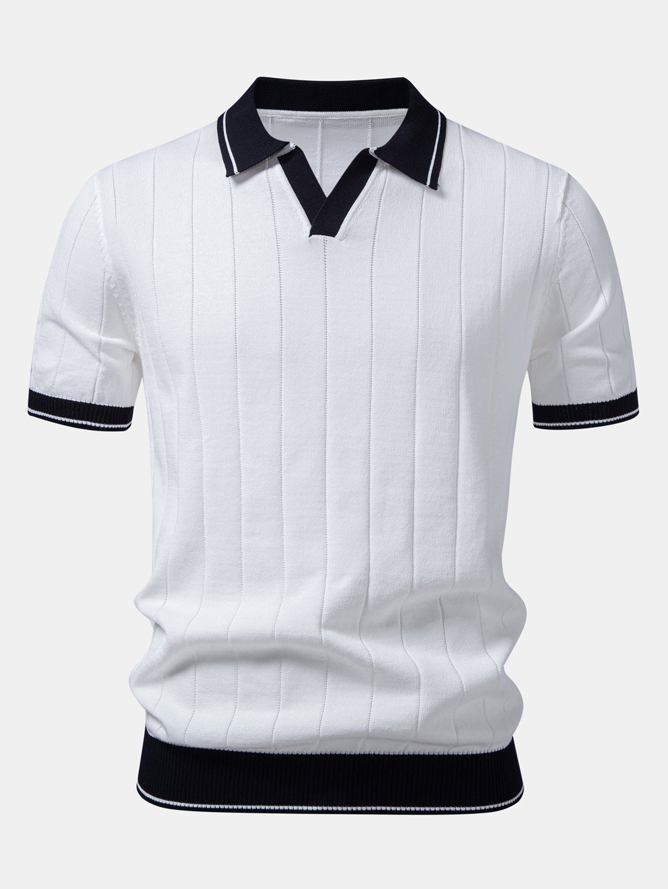 Contrast Trim Ribbed Johnny Collar Knit Polo & Slim Fit Tapered Trousers