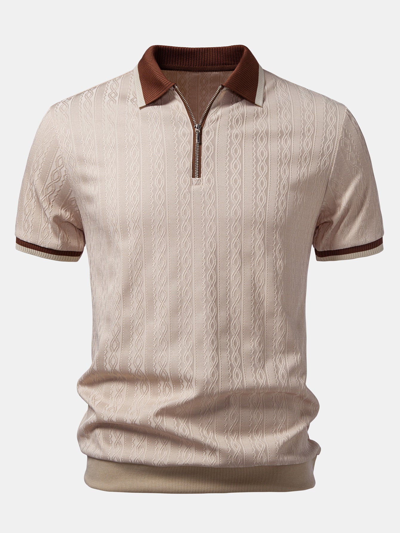 Contrast Trim Textured Zipper Knit Polo & Slim Fit Tapered Trousers