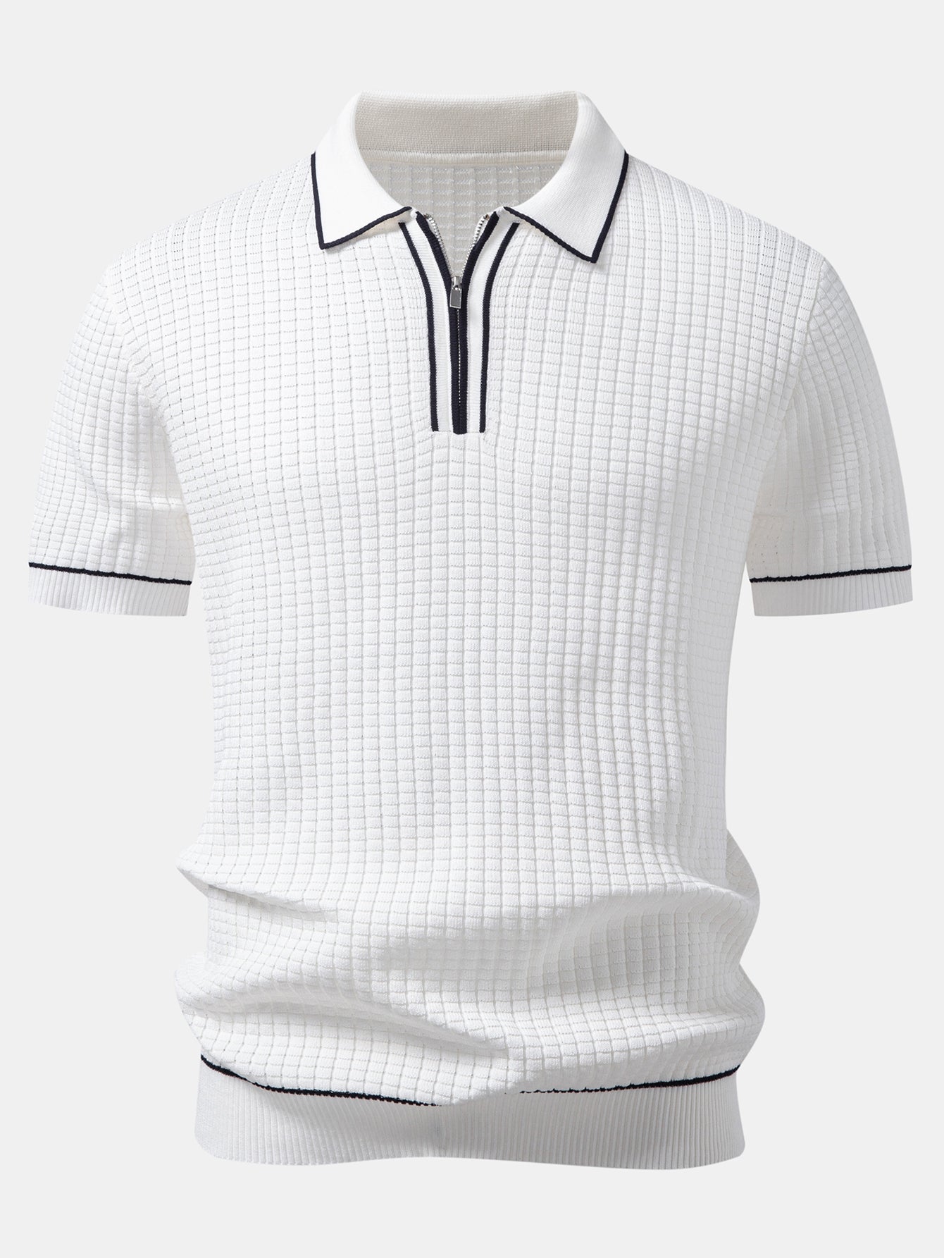 Contrast Trim Waffle Zipper Knit Polo & Slim Fit Tapered Trousers