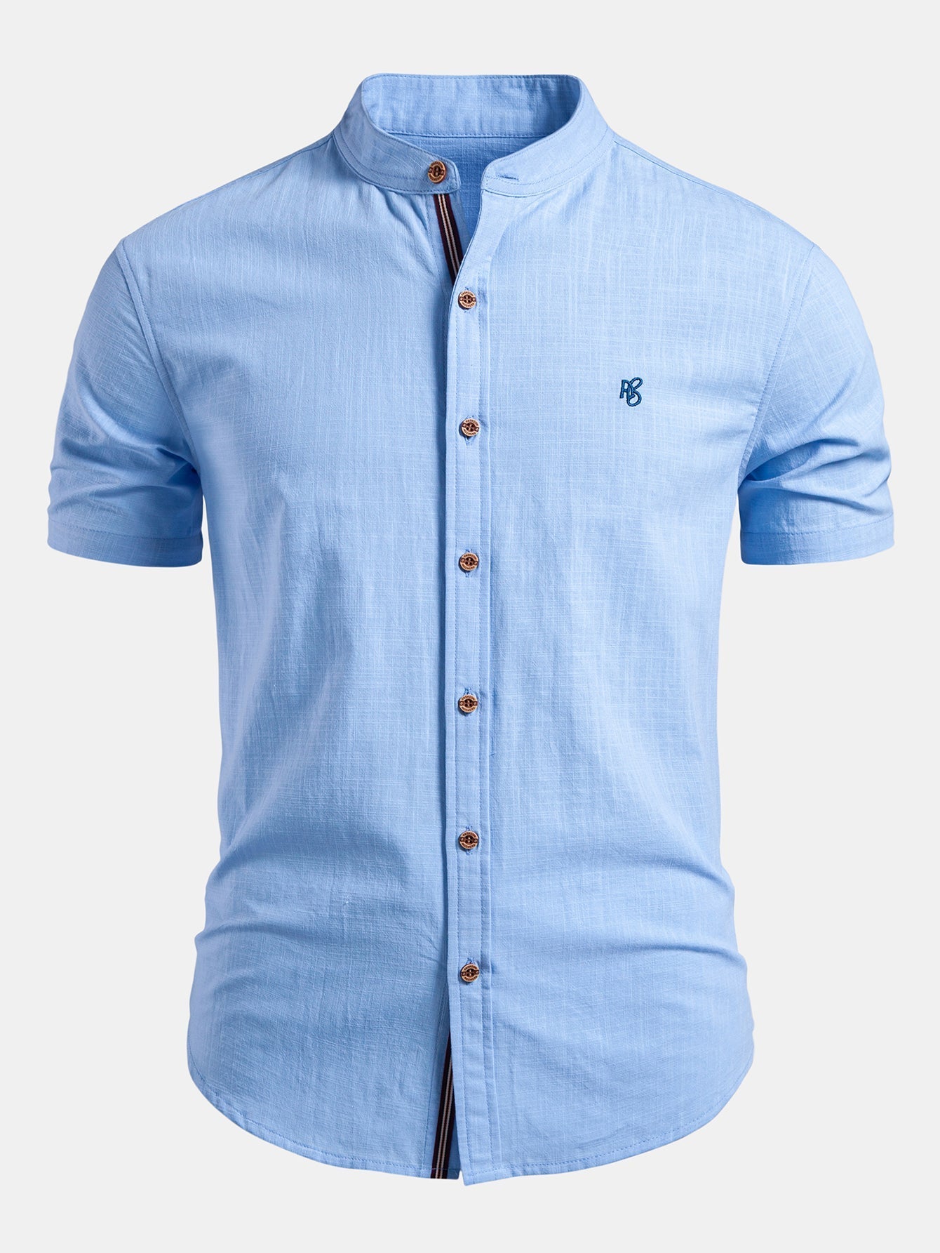 Short Sleeve Linen Look Stand Collar Shirt & Straight Leg Linen Pants