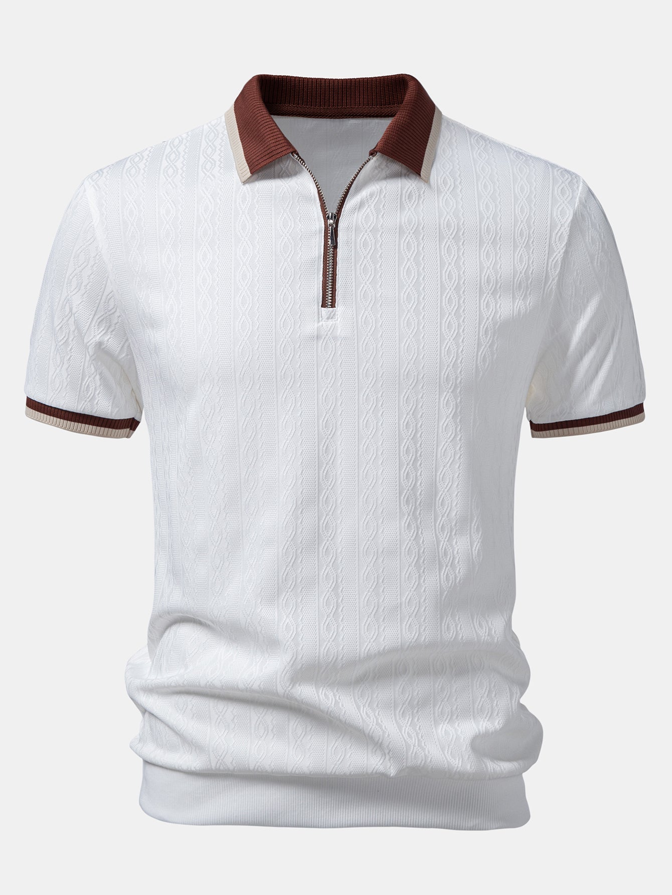 Contrast Trim Textured Zipper Knit Polo & Slim Fit Tapered Trousers