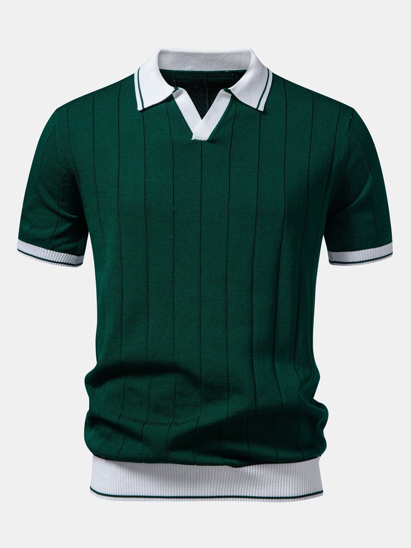 Contrast Trim Ribbed Johnny Collar Knit Polo & Slim Fit Tapered Trousers